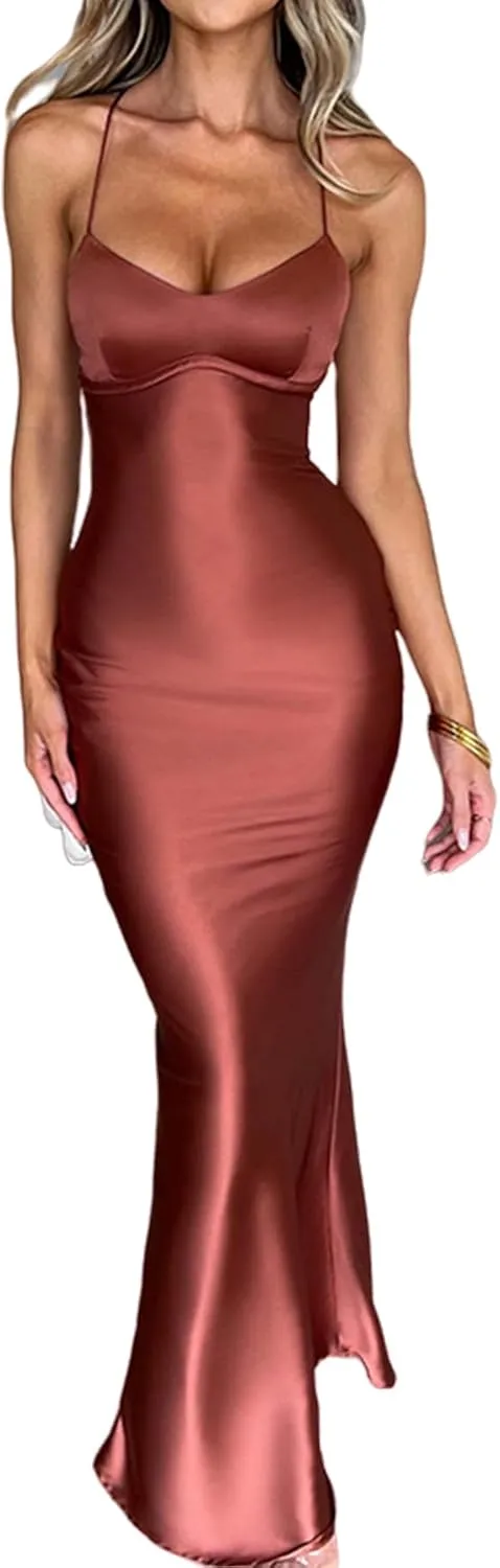 Women's Sexy Sleeveless Halter Satin Maxi Dress Elegant Backless Lace Up Mermaid Dresses for Party Cocktail Evening