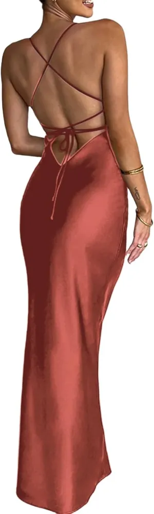 Women's Sexy Sleeveless Halter Satin Maxi Dress Elegant Backless Lace Up Mermaid Dresses for Party Cocktail Evening