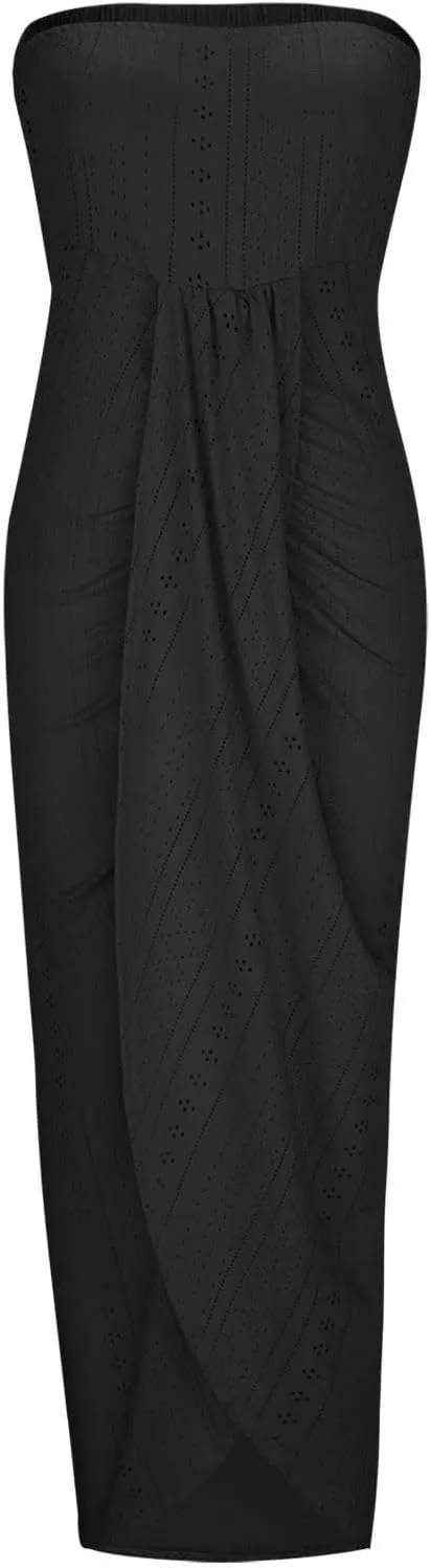 Women's Sexy Strapless Tube Long Dress Solid Color Ruched High Waist Wrap Split Asymmetrical Beach Maxi Long Dresses