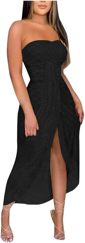Women's Sexy Strapless Tube Long Dress Solid Color Ruched High Waist Wrap Split Asymmetrical Beach Maxi Long Dresses