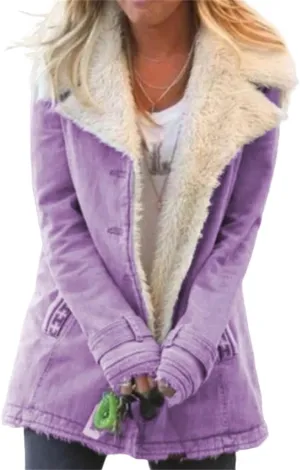Womens Sherpa Jean Jacket Winter Warm Lapel Button Down Fleece Lined Denim Coat Thicken Faux Fur Outerwear with Pocket