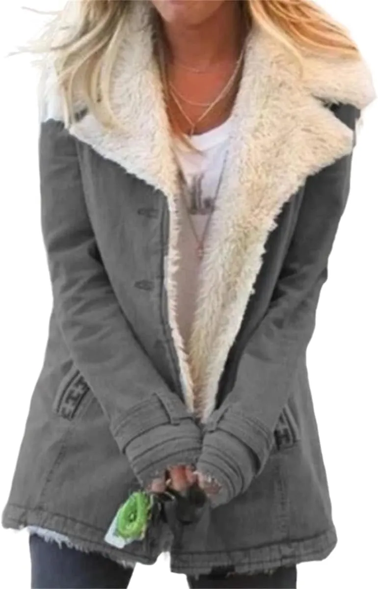 Womens Sherpa Jean Jacket Winter Warm Lapel Button Down Fleece Lined Denim Coat Thicken Faux Fur Outerwear with Pocket
