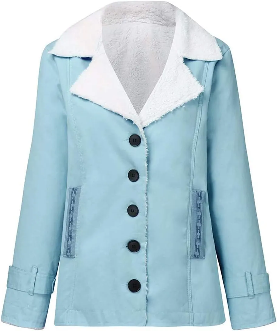 Womens Sherpa Jean Jacket Winter Warm Lapel Button Down Fleece Lined Denim Coat Thicken Faux Fur Outerwear with Pocket