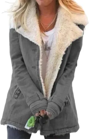 Womens Sherpa Jean Jacket Winter Warm Lapel Button Down Fleece Lined Denim Coat Thicken Faux Fur Outerwear with Pocket