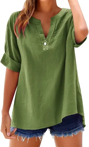 Women's Shirts Button V Neck Linen Shirts Roll Up Sleeve Gauze Tops Summer Vacation 2025 Boho Blouse Casual, S-2XL