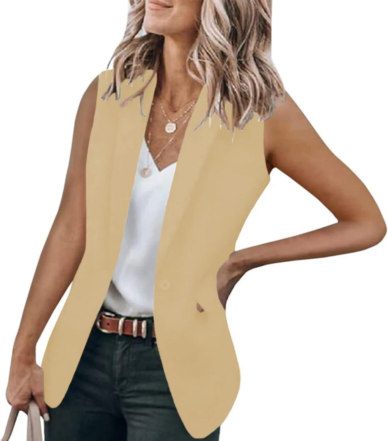 Womens Sleeveless Blazer Vest Lapel Open Front Work Office Jacket V Neck Waistcoat Botton Down Tops