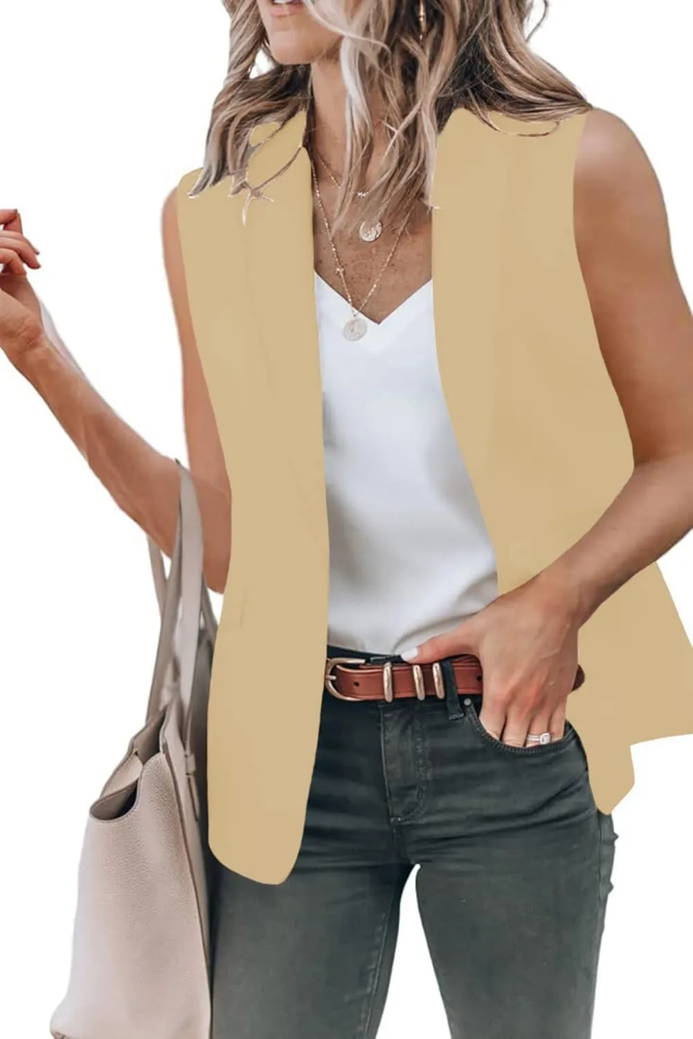 Womens Sleeveless Blazer Vest Lapel Open Front Work Office Jacket V Neck Waistcoat Botton Down Tops