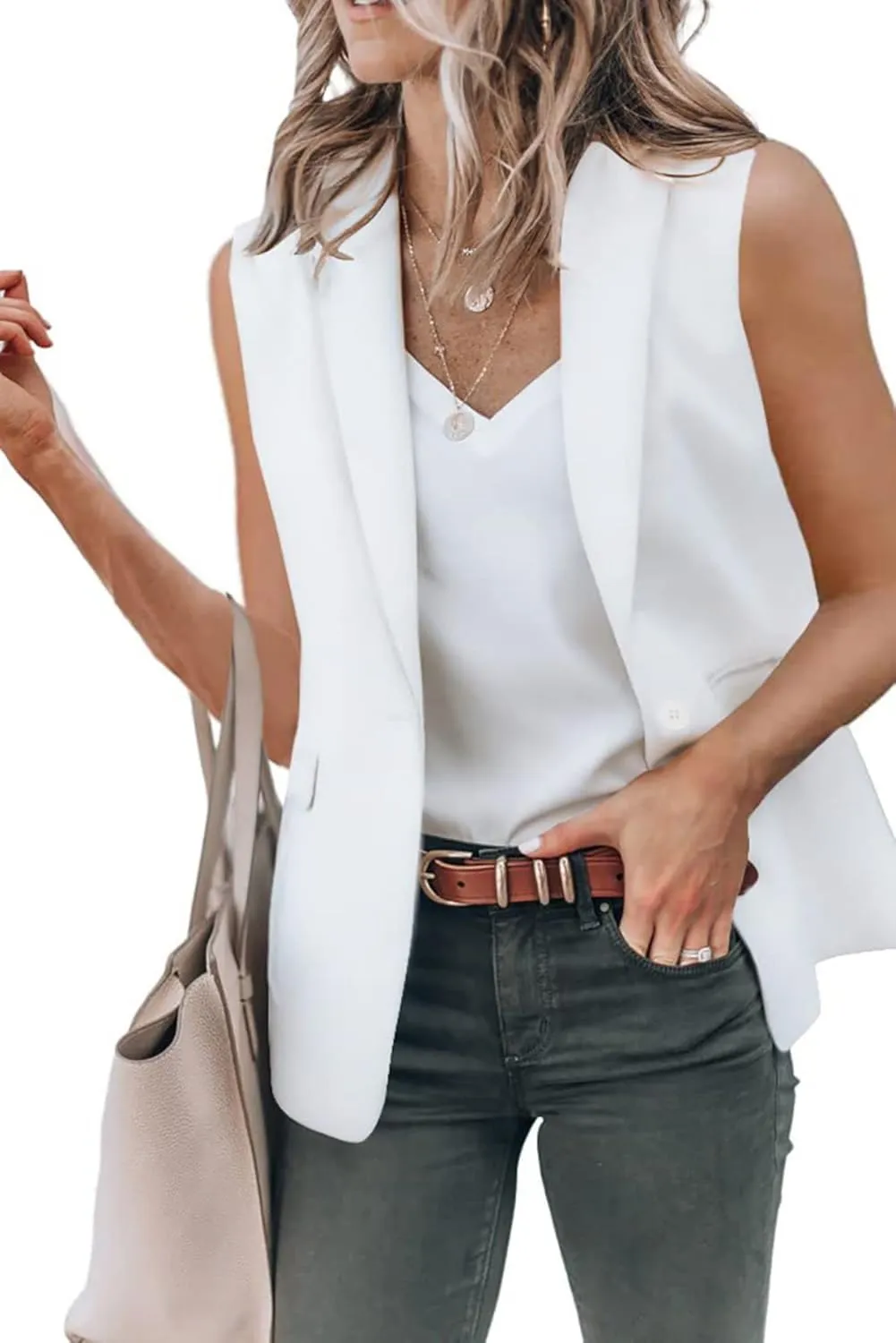 Womens Sleeveless Blazer Vest Lapel Open Front Work Office Jacket V Neck Waistcoat Botton Down Tops