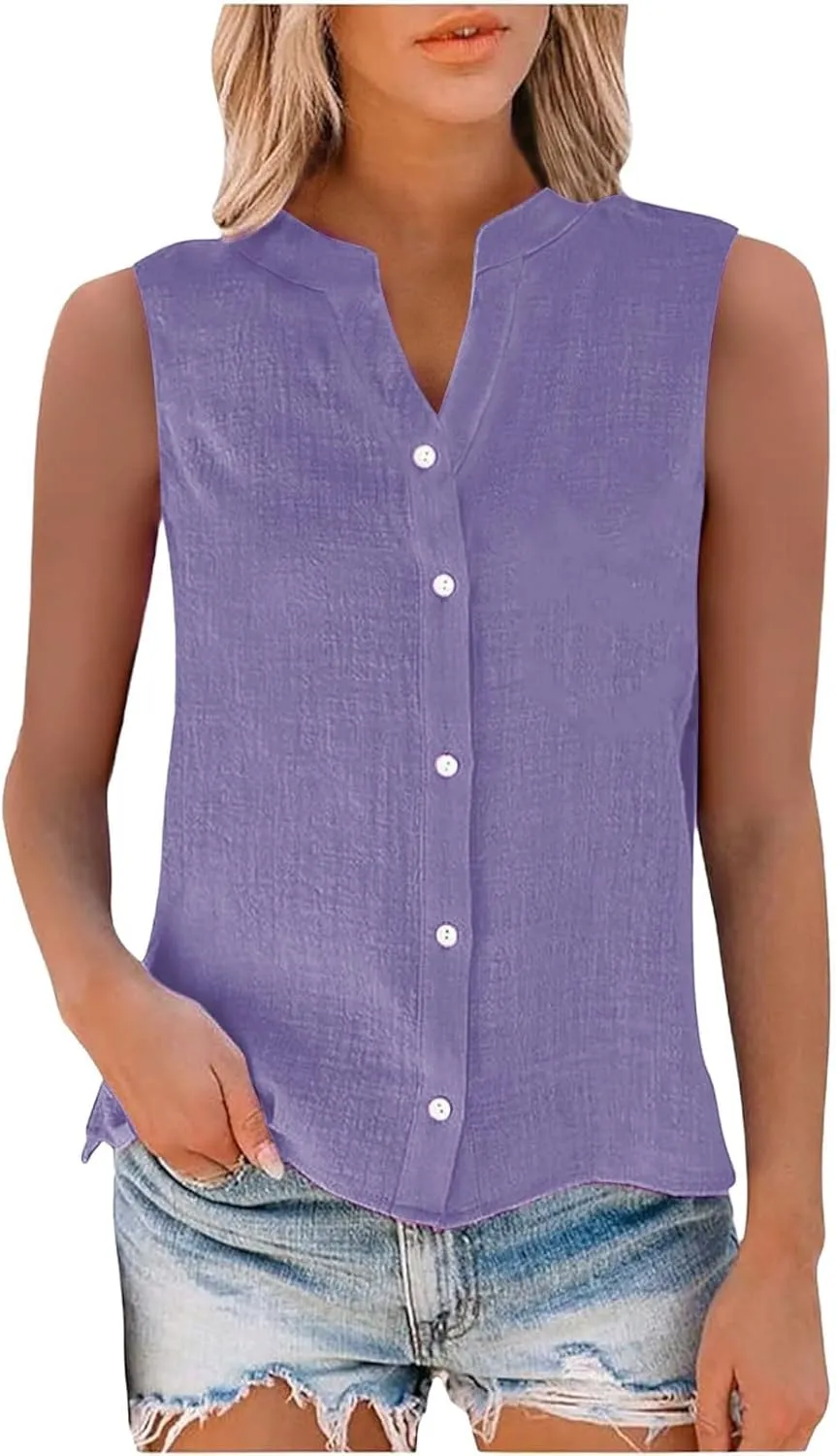 Womens Sleeveless Button Down Shirts Cotton Linen V Neck Blouses Solid Color Casual Work Tank Tops Plus Size Tunics
