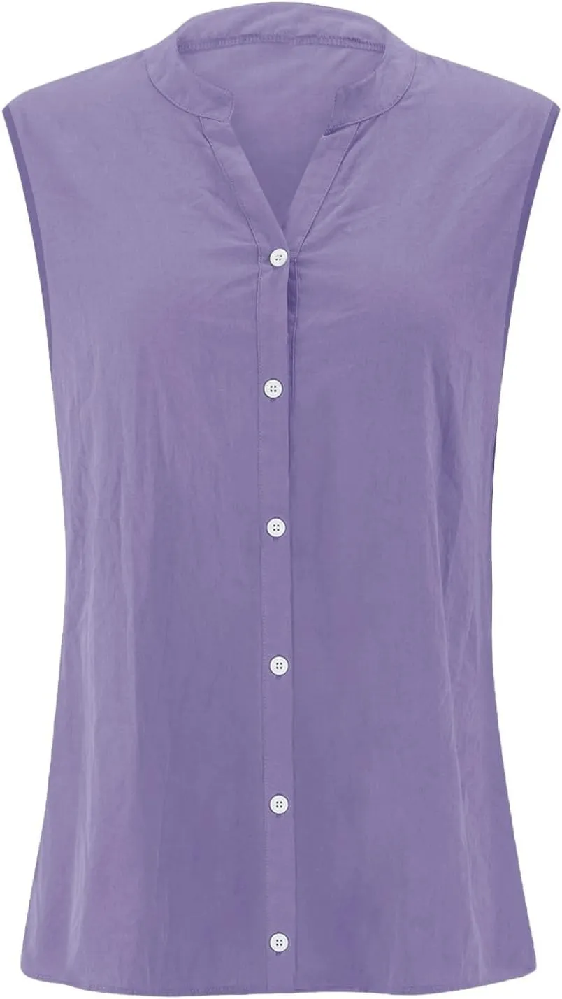 Womens Sleeveless Button Down Shirts Cotton Linen V Neck Blouses Solid Color Casual Work Tank Tops Plus Size Tunics