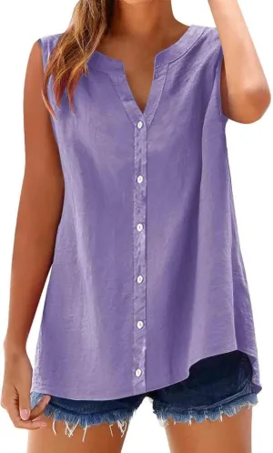 Womens Sleeveless Button Down Shirts Cotton Linen V Neck Blouses Solid Color Casual Work Tank Tops Plus Size Tunics