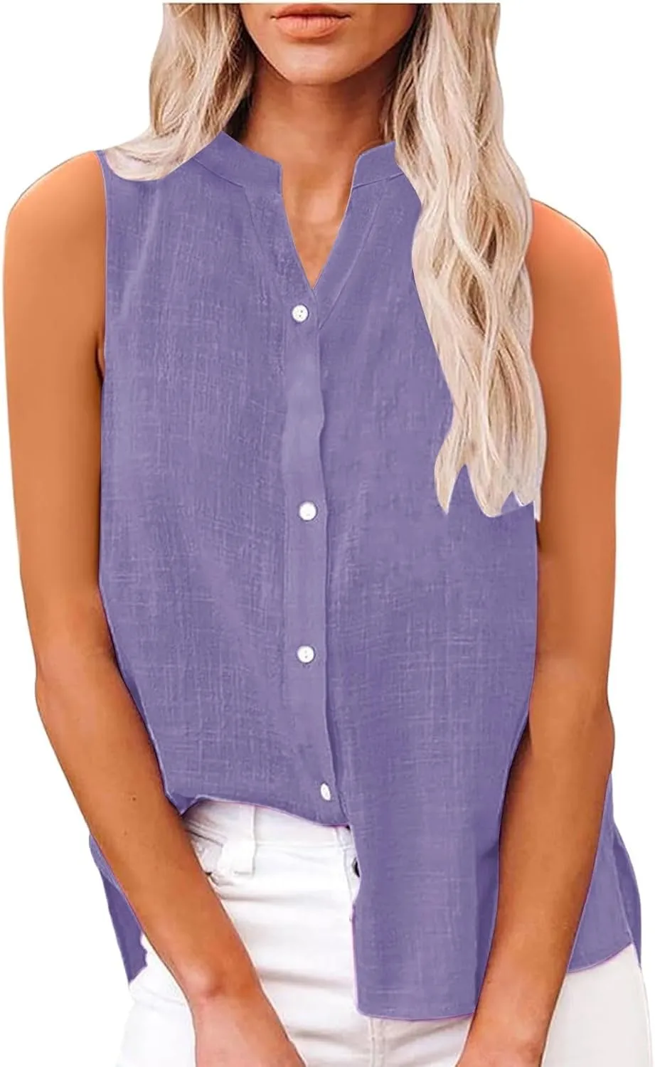 Womens Sleeveless Button Down Shirts Cotton Linen V Neck Blouses Solid Color Casual Work Tank Tops Plus Size Tunics