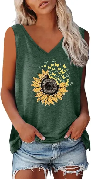 Women's Sleeveless Summer Tops Casual Trendy Sunflower Graphic T Shirts V Neck Basic Tunic Blouses Ladies Outfits