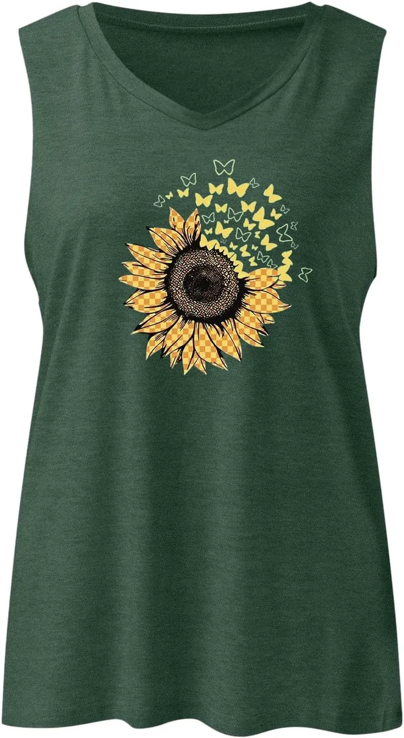 Women's Sleeveless Summer Tops Casual Trendy Sunflower Graphic T Shirts V Neck Basic Tunic Blouses Ladies Outfits