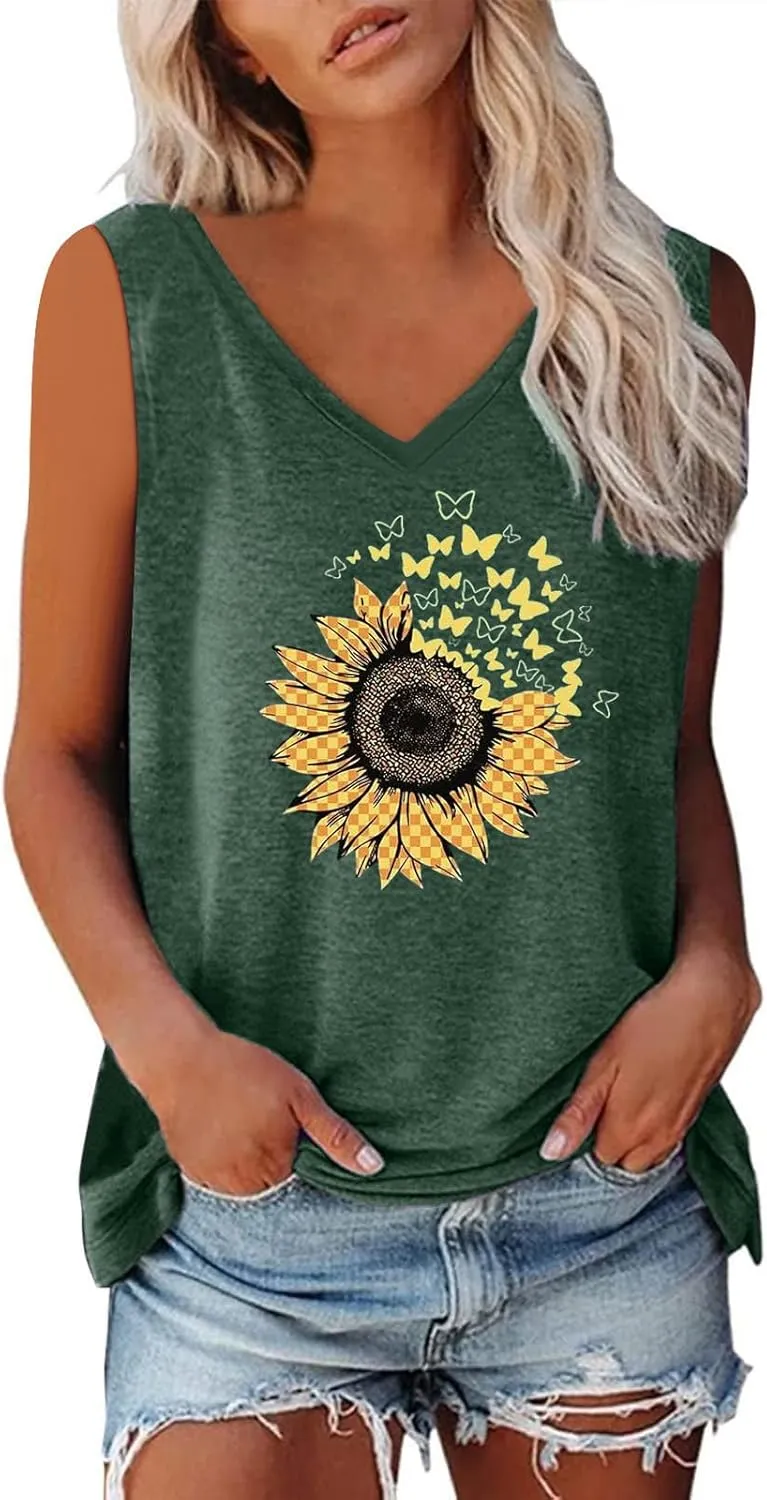 Women's Sleeveless Summer Tops Casual Trendy Sunflower Graphic T Shirts V Neck Basic Tunic Blouses Ladies Outfits