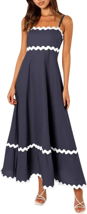 Women's Spring Dress Sleeveless Strapless Halter 2024 Casual Loose Solid Color Printed Maxi Dresses, S-3XL