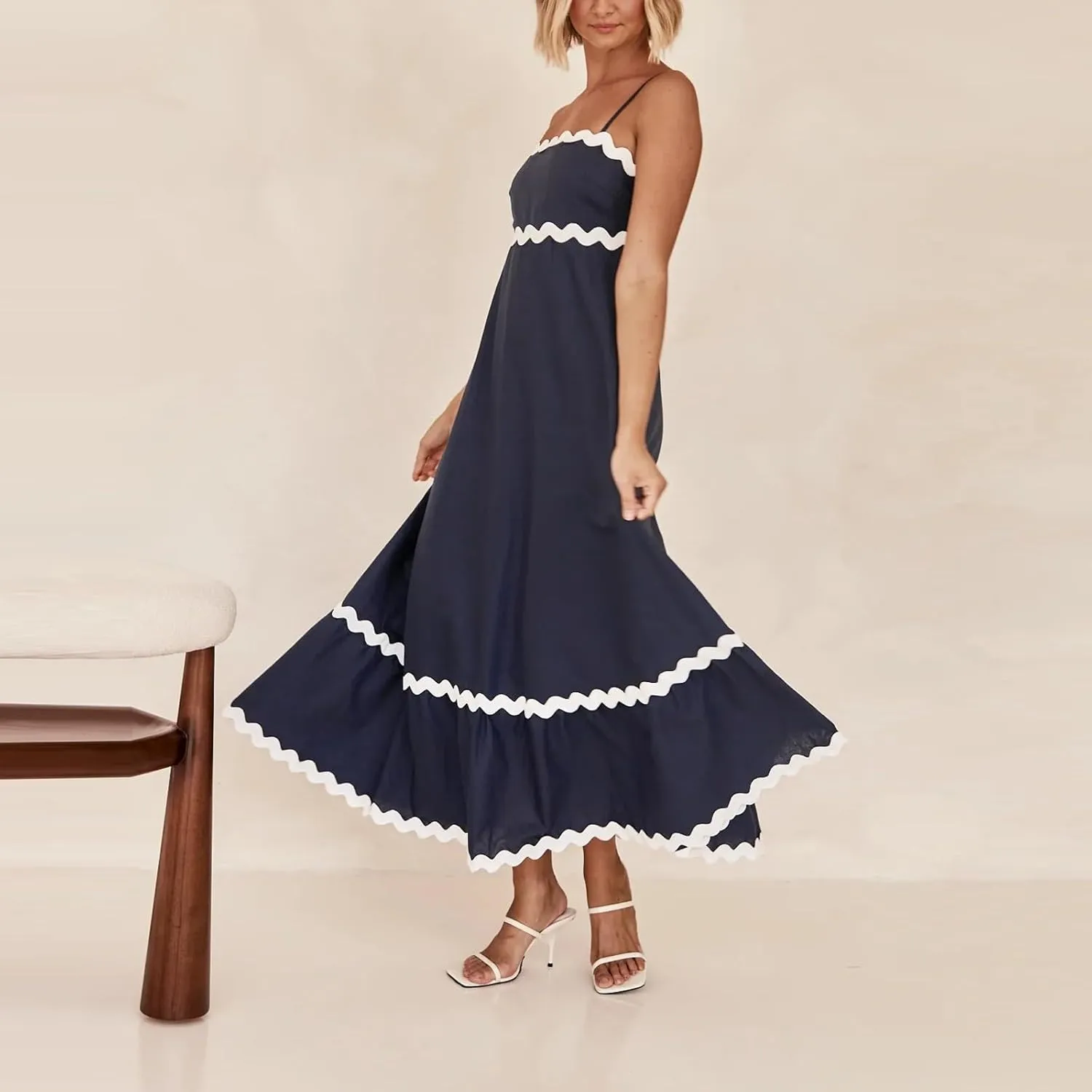 Women's Spring Dress Sleeveless Strapless Halter 2024 Casual Loose Solid Color Printed Maxi Dresses, S-3XL