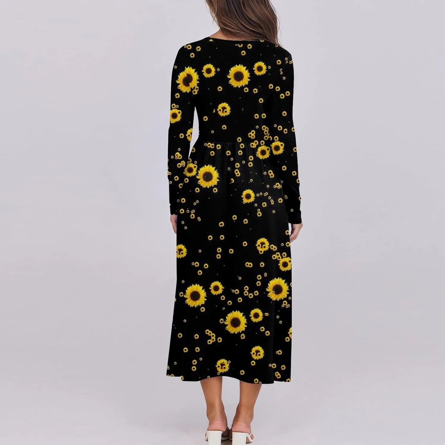 Womens Spring Dresses 2025 Midi Long Sleeve O Neck Trendy Boho Cute Ladies Fashion Fitted Dress