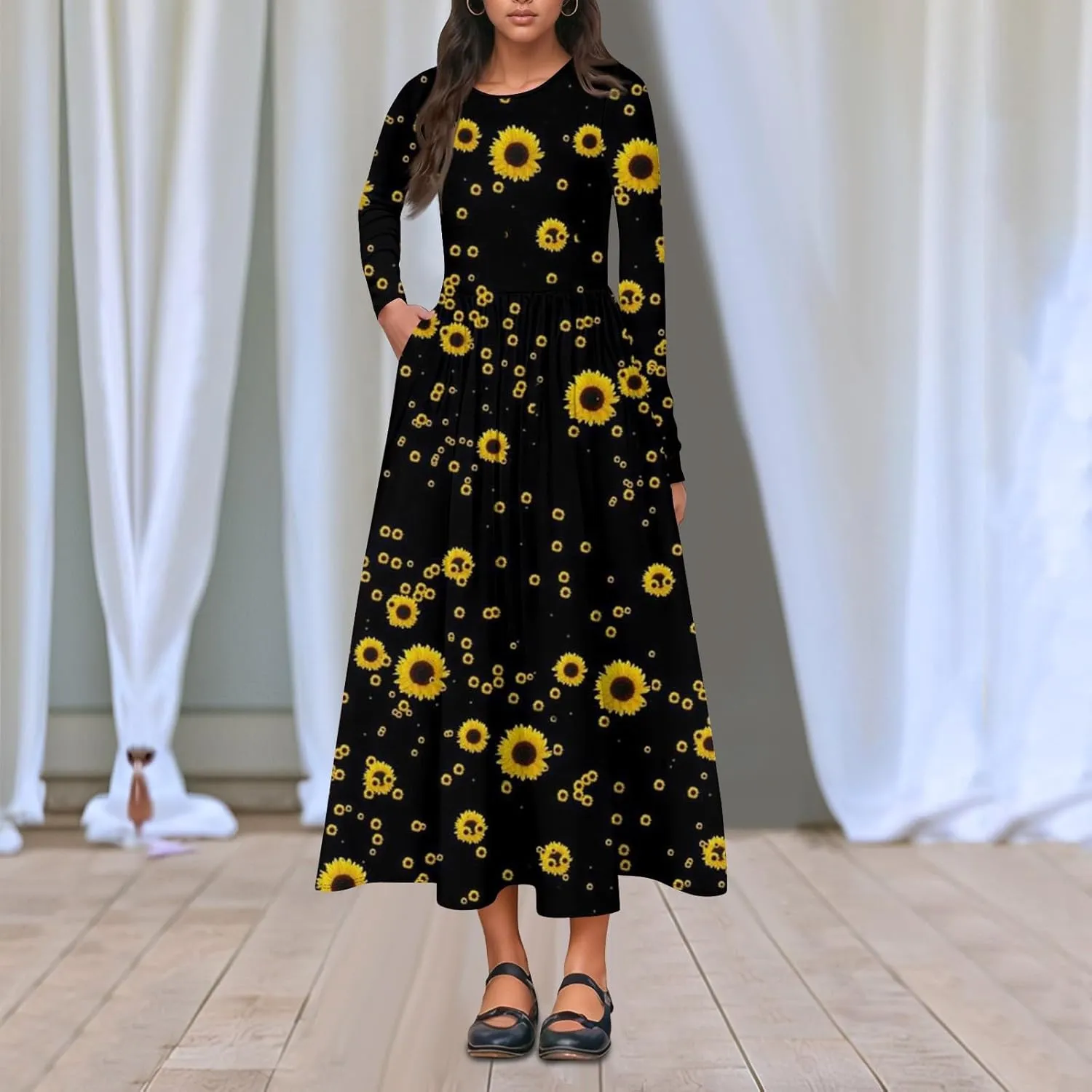 Womens Spring Dresses 2025 Midi Long Sleeve O Neck Trendy Boho Cute Ladies Fashion Fitted Dress