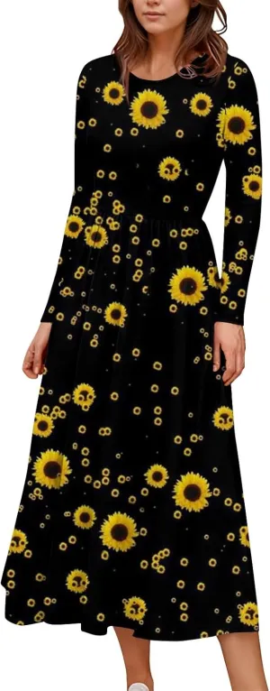 Womens Spring Dresses 2025 Midi Long Sleeve O Neck Trendy Boho Cute Ladies Fashion Fitted Dress