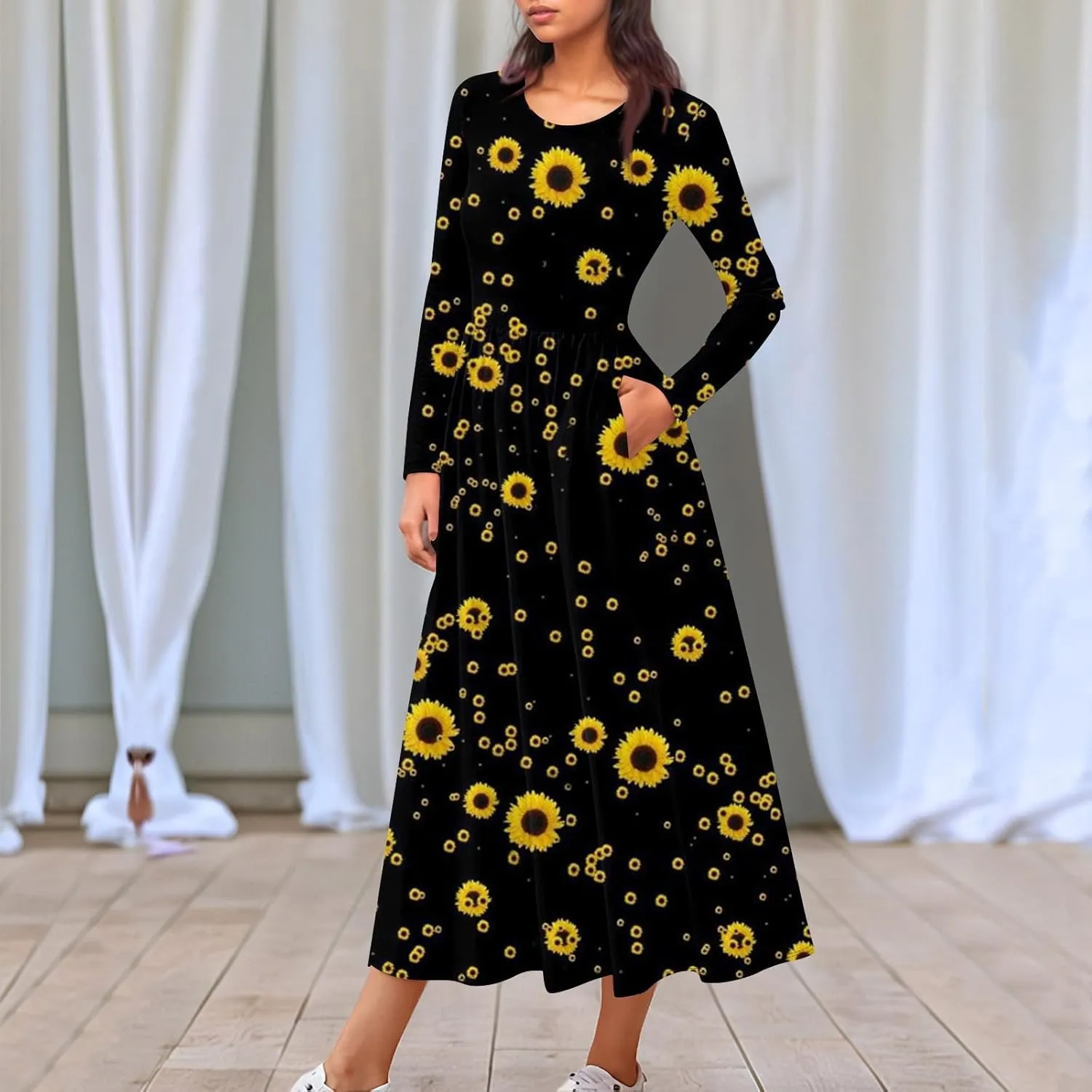Womens Spring Dresses 2025 Midi Long Sleeve O Neck Trendy Boho Cute Ladies Fashion Fitted Dress