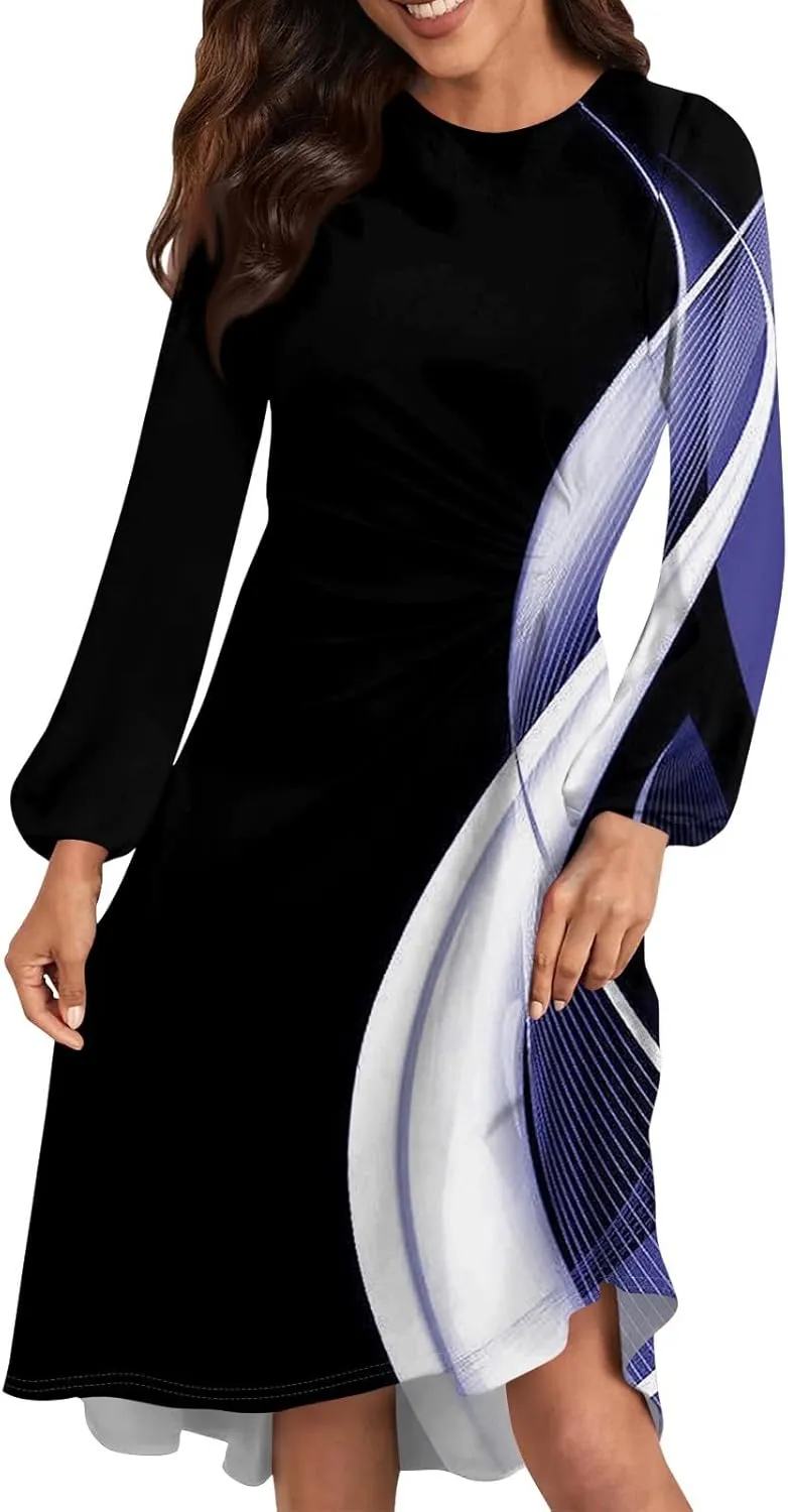 Womens Spring Fashion 2025 Dress Long Sleeve O Neck Midi Summer Casual Work Ladies Waist Holiday Dress