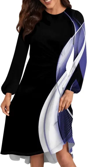 Womens Spring Fashion 2025 Dress Long Sleeve O Neck Midi Summer Casual Work Ladies Waist Holiday Dress