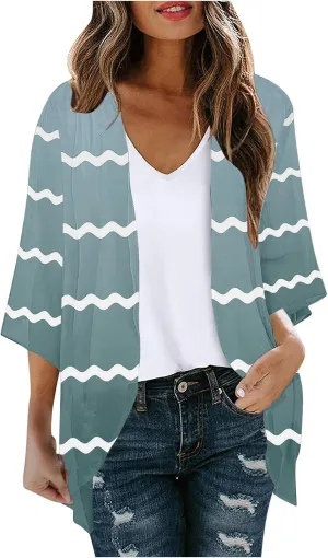 Women's Striped Gradient Print 3/4 Sleeve Kimono Cardigan Summer Loose Fit Beach Swimwear Cover Up Casual Blouse Tops