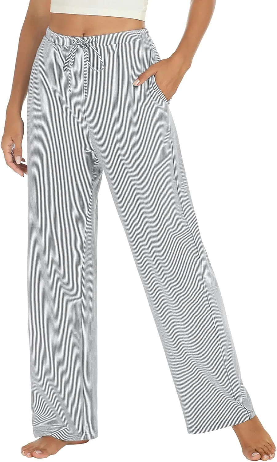 Womens Striped Pajama Pants Cotton Comfy Lounge Pj Pants Casual Wide Leg Drawstring Elastic Sleep Bottoms with Pockets