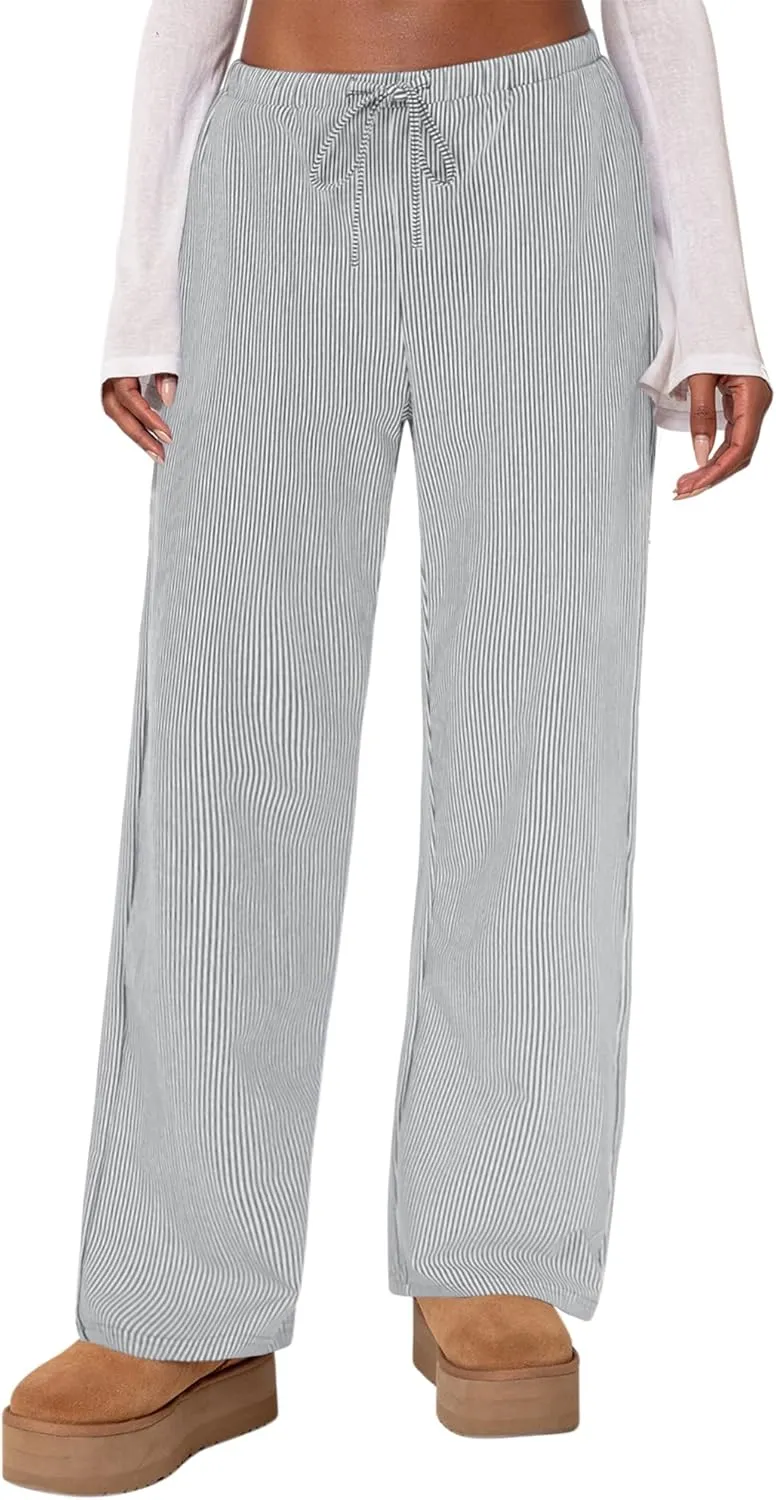 Womens Striped Pajama Pants Cotton Comfy Lounge Pj Pants Casual Wide Leg Drawstring Elastic Sleep Bottoms with Pockets