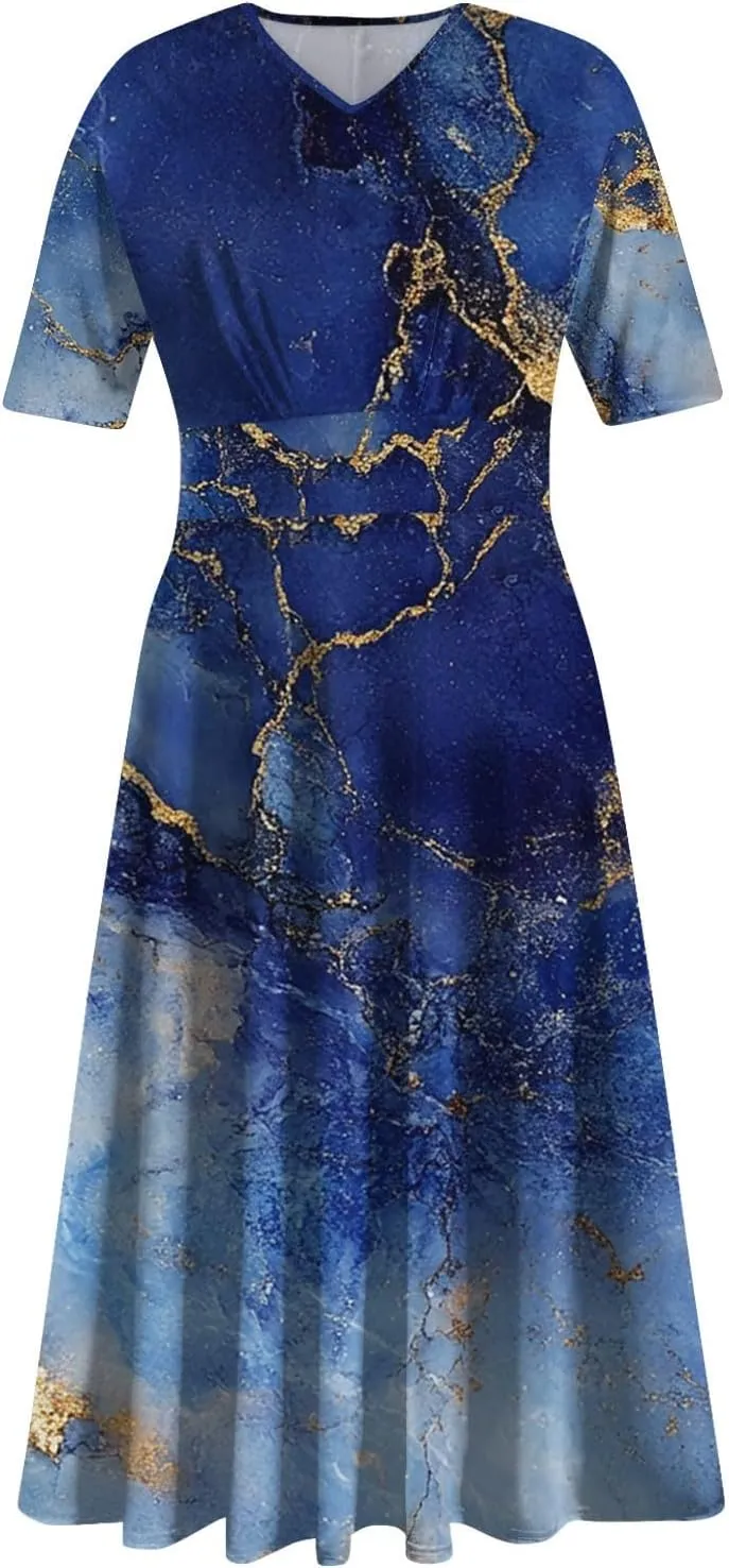 Women's Summer Casual Loose Trendy Dress V-Neck Short Sleeve Floral Stripe Print Maxi Dresses, S-2XL
