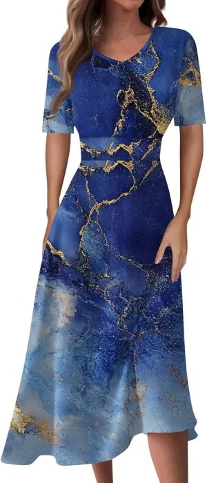 Women's Summer Casual Loose Trendy Dress V-Neck Short Sleeve Floral Stripe Print Maxi Dresses, S-2XL
