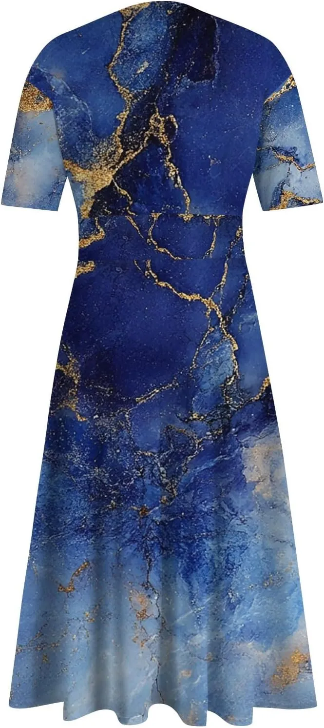 Women's Summer Casual Loose Trendy Dress V-Neck Short Sleeve Floral Stripe Print Maxi Dresses, S-2XL