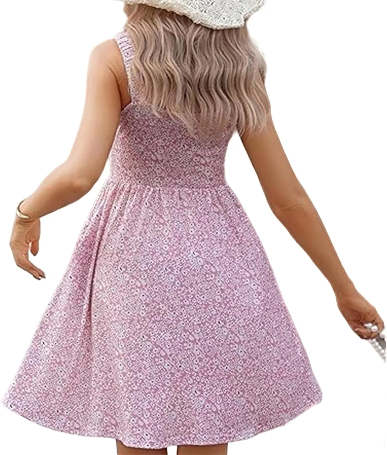 Women's Summer Casual Square Neck Dress with Pocket Cute Floral Sleeveless Midi Dresses A-Line Swing Tank Sundress