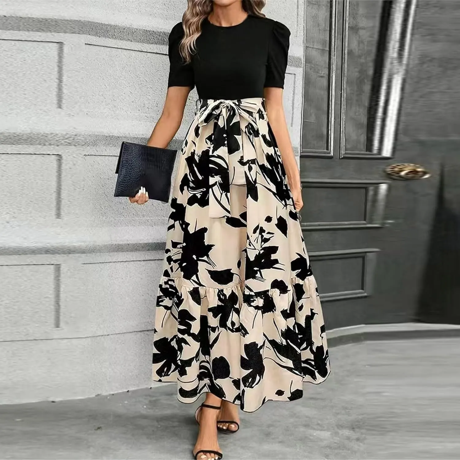 Women's Summer Casual Trendy Dress Short Sleeve Round Neck High Waist Elegant Floral Print Maxi Dresses, S-2XL
