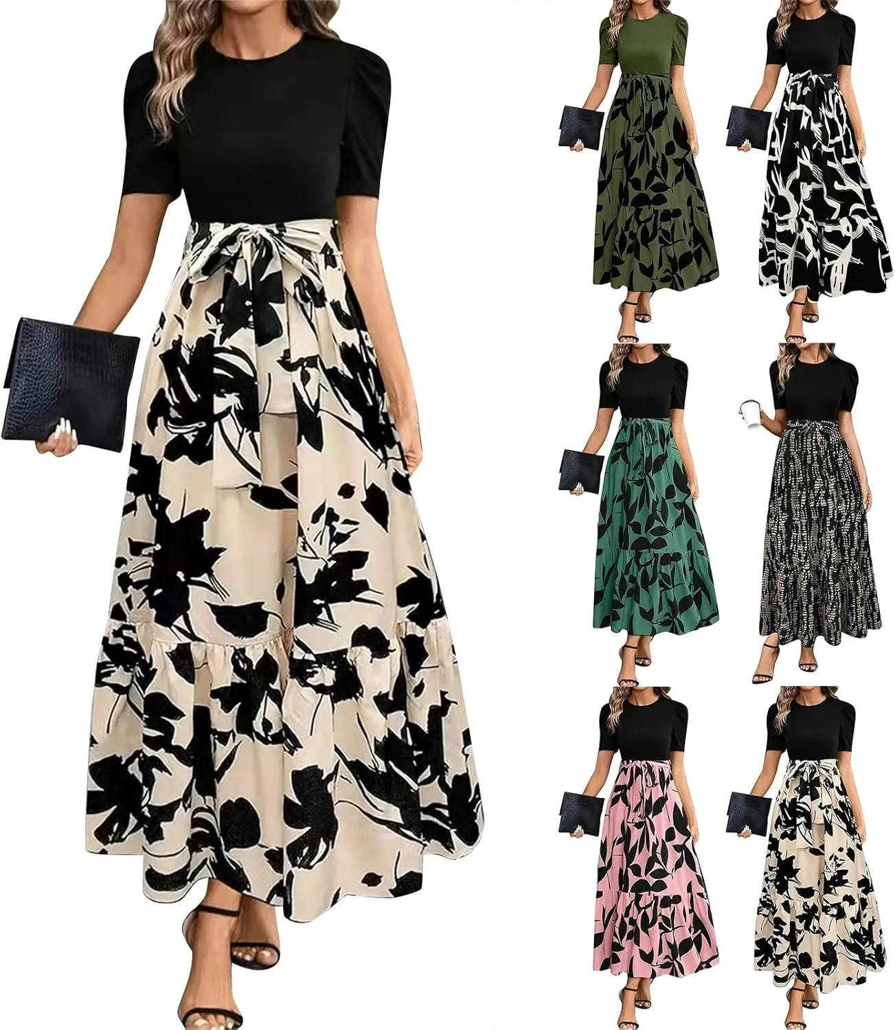 Women's Summer Casual Trendy Dress Short Sleeve Round Neck High Waist Elegant Floral Print Maxi Dresses, S-2XL
