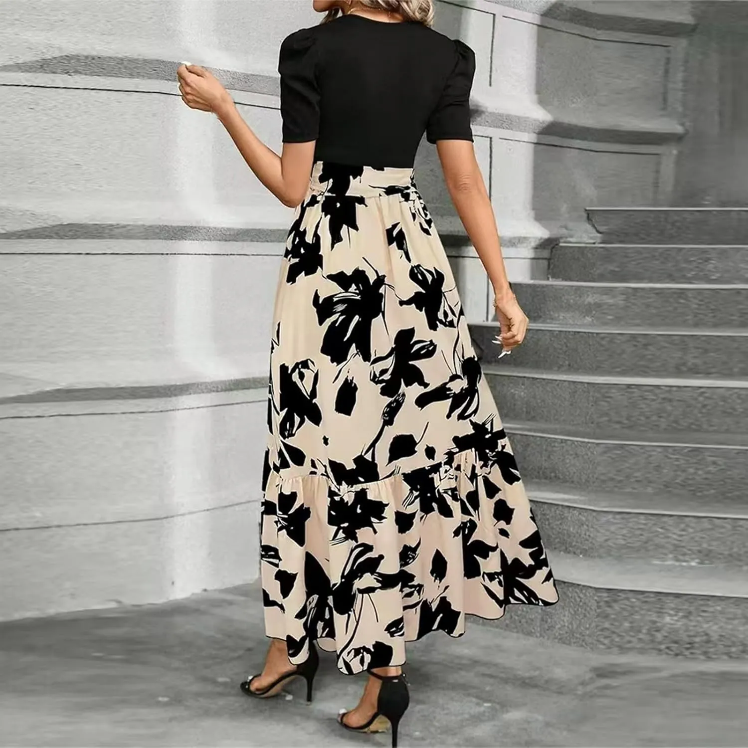 Women's Summer Casual Trendy Dress Short Sleeve Round Neck High Waist Elegant Floral Print Maxi Dresses, S-2XL