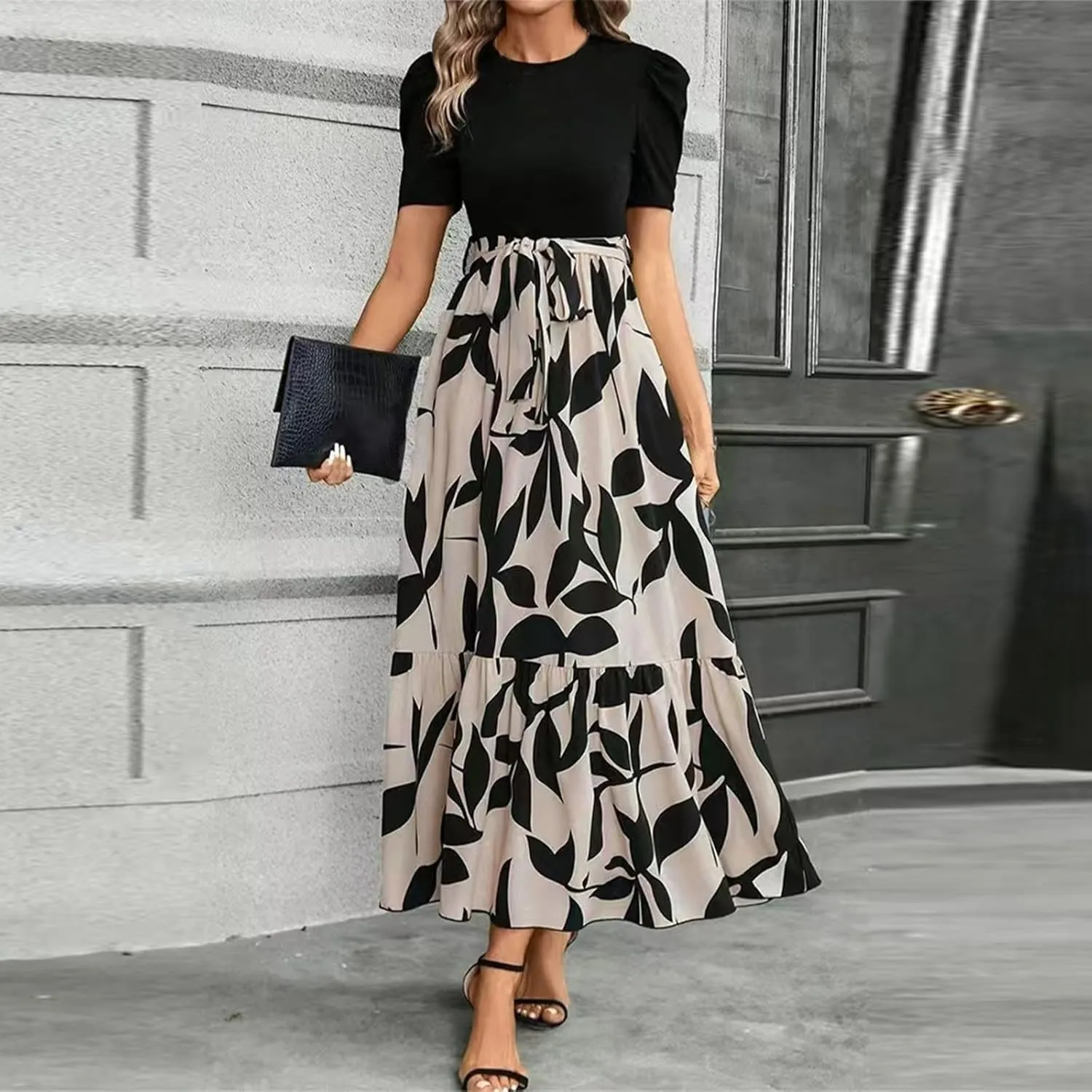 Women's Summer Casual Trendy Dress Short Sleeve Round Neck High Waist Elegant Floral Print Maxi Dresses, S-2XL