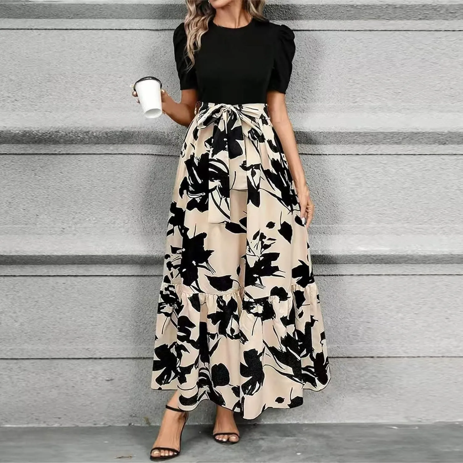 Women's Summer Casual Trendy Dress Short Sleeve Round Neck High Waist Elegant Floral Print Maxi Dresses, S-2XL