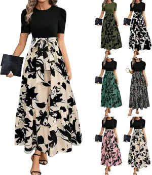 Women's Summer Casual Trendy Dress Short Sleeve Round Neck High Waist Elegant Floral Print Maxi Dresses, S-2XL