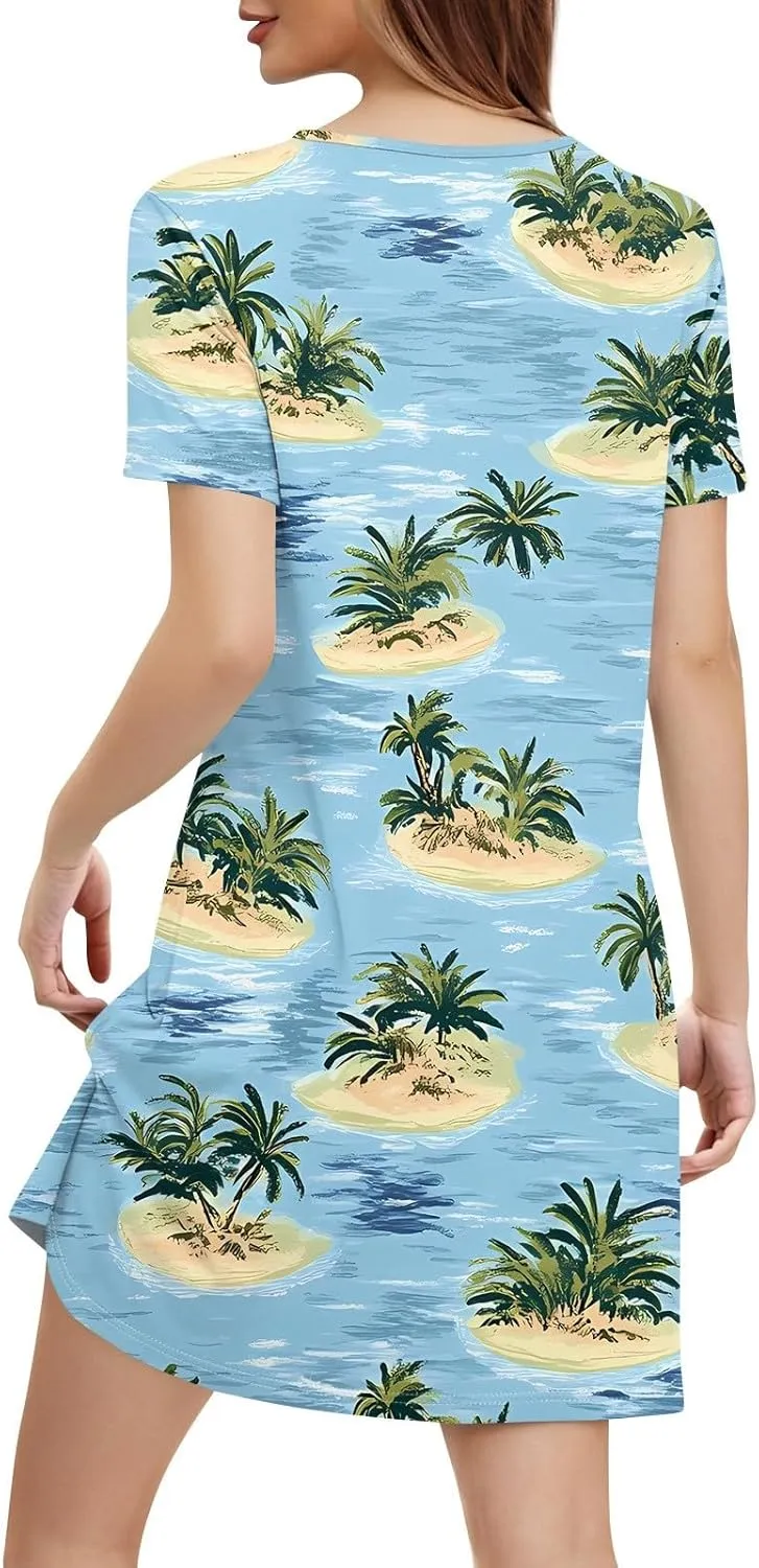 Womens Summer Dresses 2025 Casual Beach V Neck Sleeveless Sundresses Hawaiian Print Swimsuit Coverup with Pockets