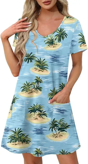 Womens Summer Dresses 2025 Casual Beach V Neck Sleeveless Sundresses Hawaiian Print Swimsuit Coverup with Pockets