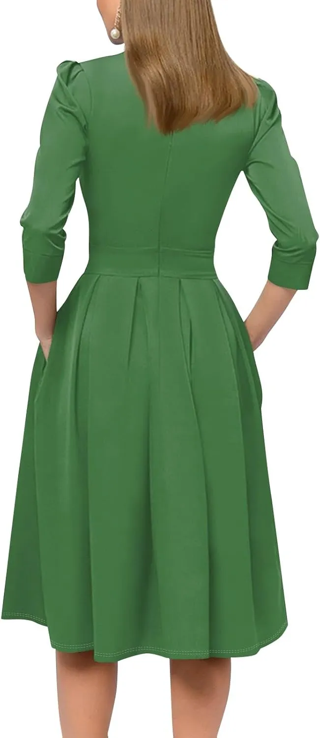 Women's Summer Dresses 2025 Casual Loose Trendy Crew Neck 3/4 Sleeve Solid Color with Zipper Dress, S-2XL