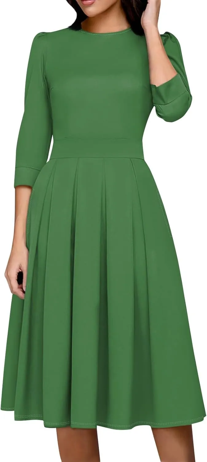 Women's Summer Dresses 2025 Casual Loose Trendy Crew Neck 3/4 Sleeve Solid Color with Zipper Dress, S-2XL