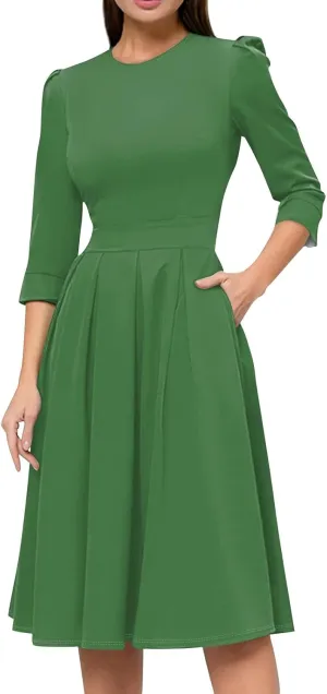 Women's Summer Dresses 2025 Casual Loose Trendy Crew Neck 3/4 Sleeve Solid Color with Zipper Dress, S-2XL