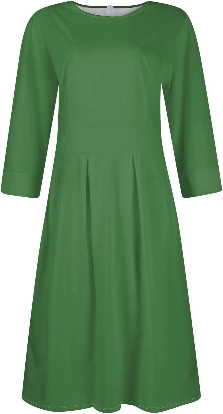 Women's Summer Dresses 2025 Casual Loose Trendy Crew Neck 3/4 Sleeve Solid Color with Zipper Dress, S-2XL