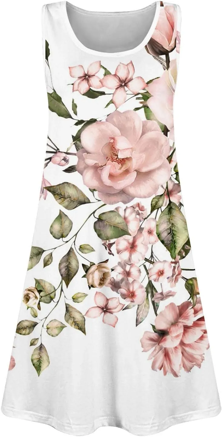 Womens Summer Dresses 2025 Crew Neck Sleeveless Floral Graphic Sundresses Boho Beach Dress Loose Beach Midi Dress