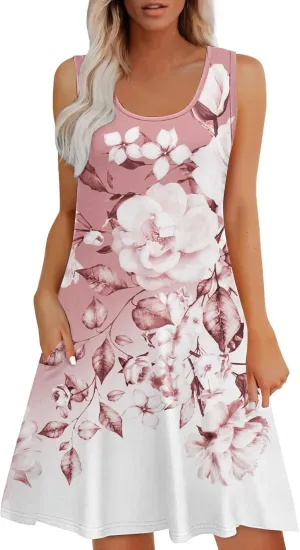 Womens Summer Dresses 2025 Crew Neck Sleeveless Floral Graphic Sundresses Boho Beach Dress Loose Beach Midi Dress