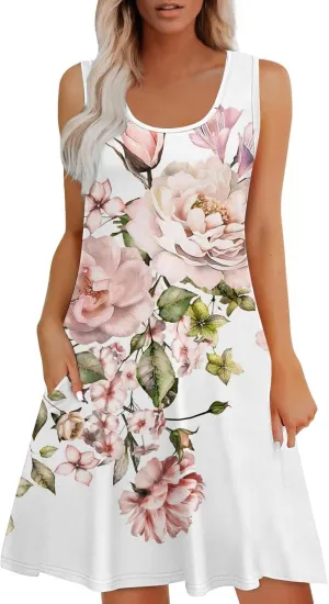 Womens Summer Dresses 2025 Crew Neck Sleeveless Floral Graphic Sundresses Boho Beach Dress Loose Beach Midi Dress