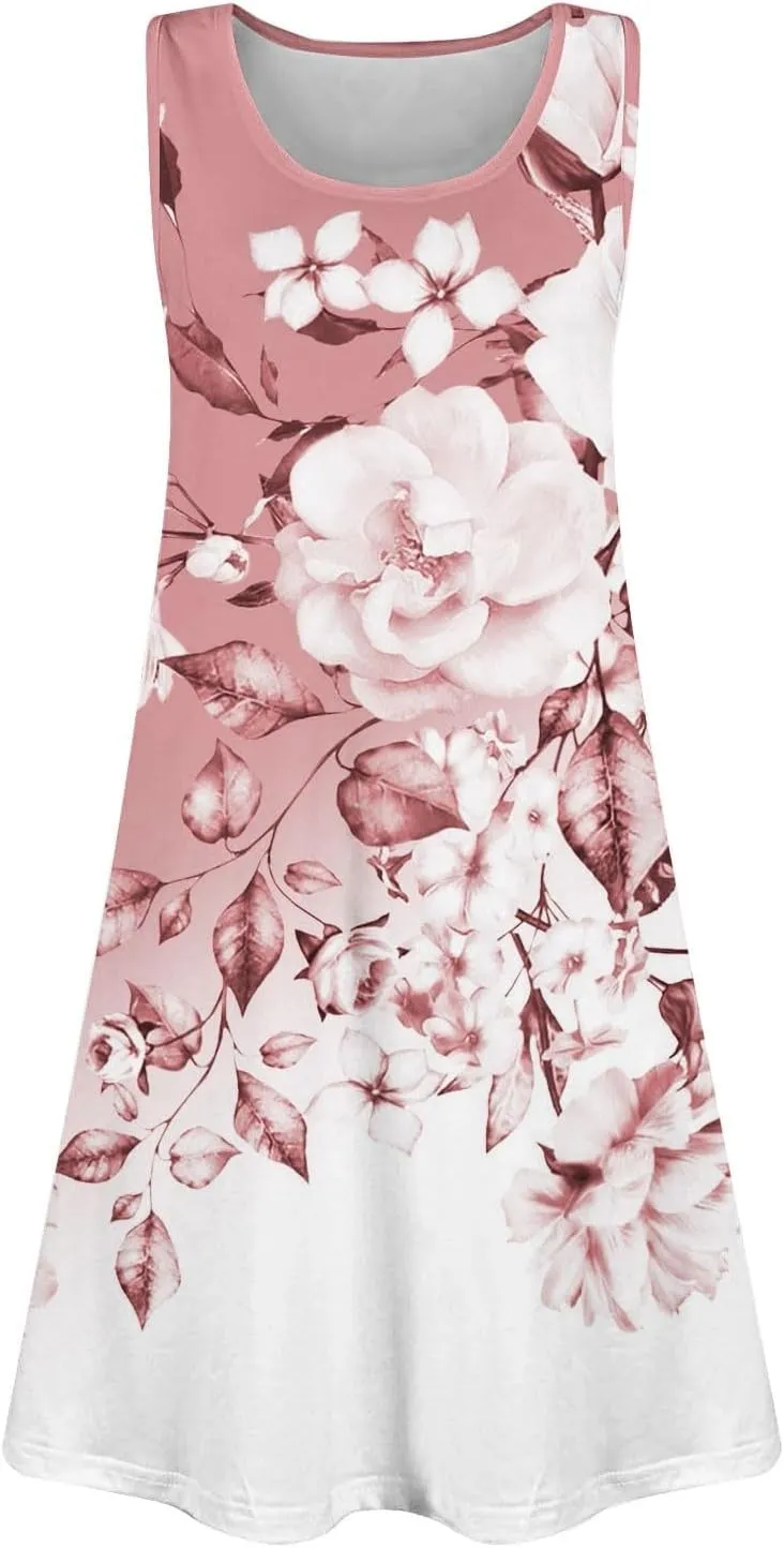 Womens Summer Dresses 2025 Crew Neck Sleeveless Floral Graphic Sundresses Boho Beach Dress Loose Beach Midi Dress